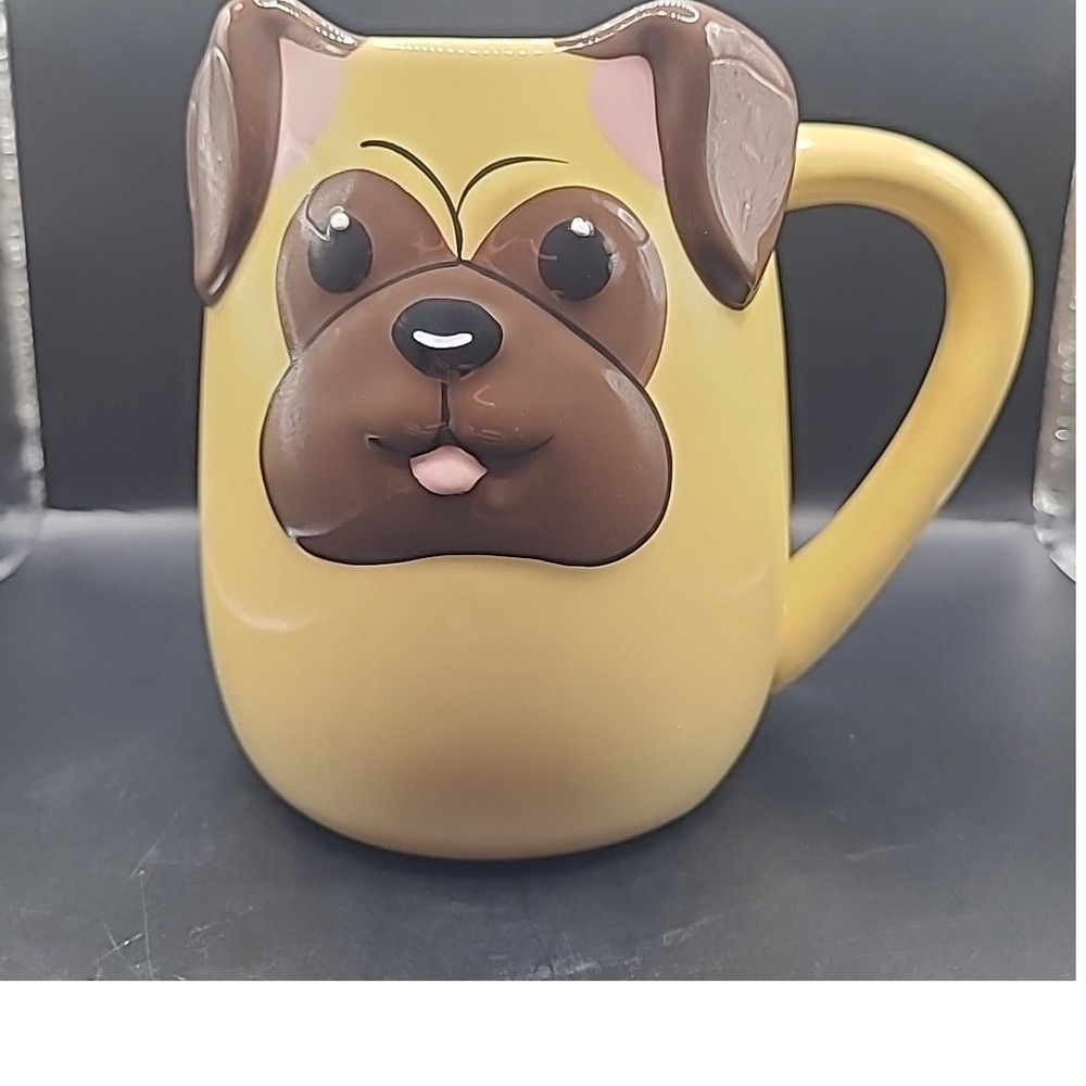 Tag Pug Dog Mug Tan Brown 3D Sculpted Ceramic Coffee Cup Puppy Tail Detail